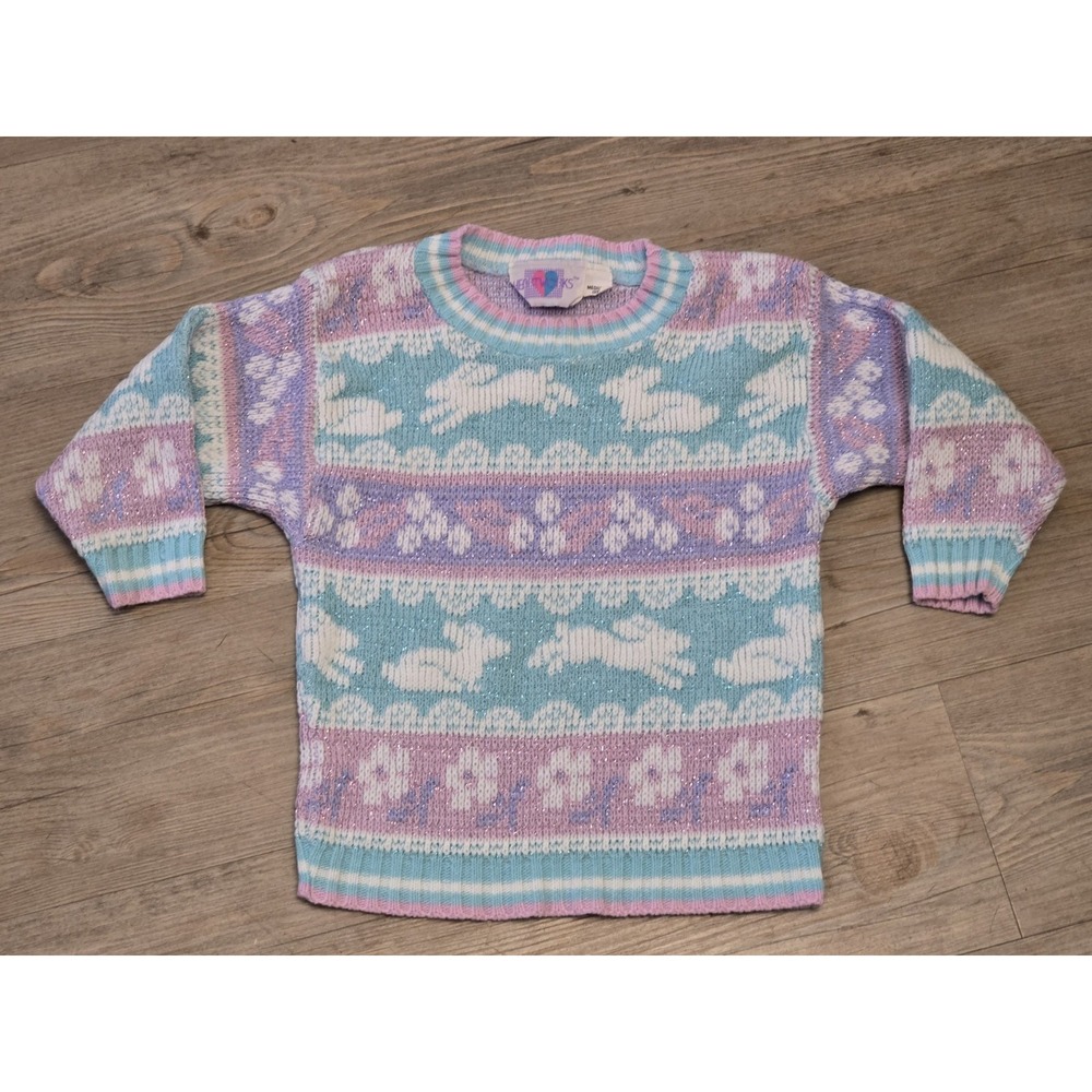 Vintage 80's Heartworks Pastel Knit Sweater Easter Stripe, Bunny Girls Size‎ 3T